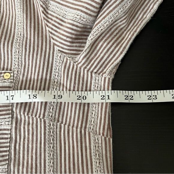 Anne Klein Womens Shirt Blouse Large Brown White Button Front Stripe Tie Sleeve - Picture 11 of 12
